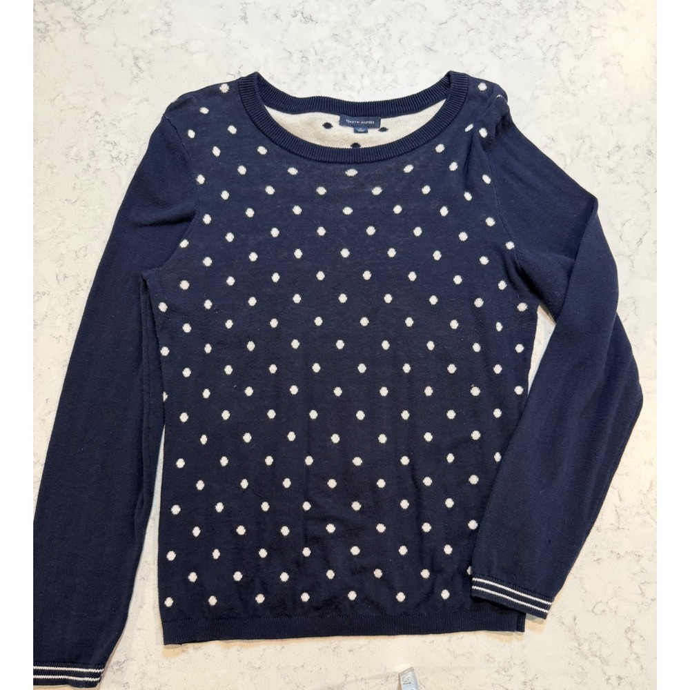 Tommy Hilfiger Womens Navy Blue Polka Dot Crew Neck Sweater Size Medium Long Slv